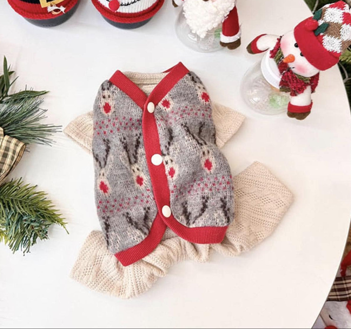 NKpup Christmas reindeer knit dog vest in grey with red trim and button details