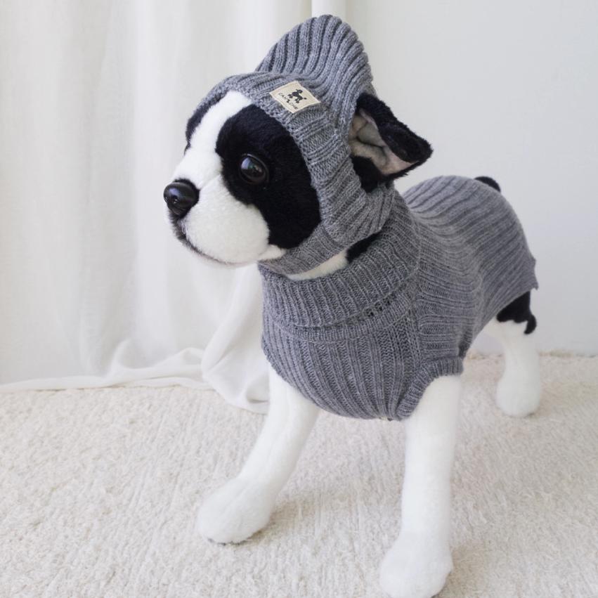 NKpup grey ribbed turtleneck knit dog vest with hood