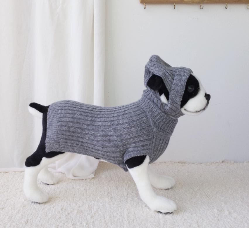 Grey ribbed turtleneck knit dog vest with a hood