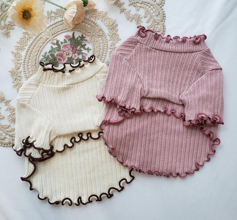 NKpup Frilly Deer Ribbed Tee dog shirts in cream and dusty pink with ruffled edges
