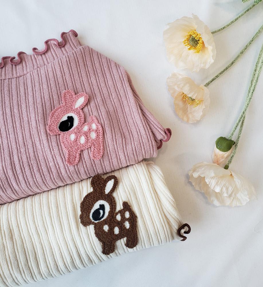 NKpup Frilly Deer Ribbed Tee dog shirts in pink and cream with deer patches