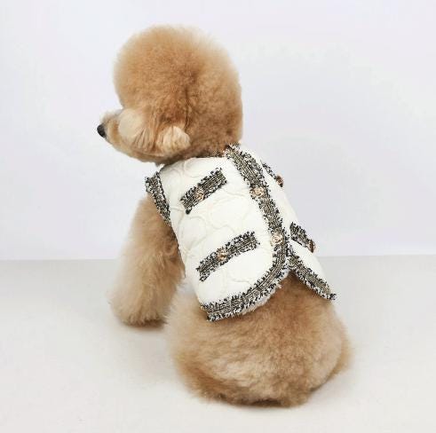 White quilted dog vest with decorative tweed trim and metallic accents