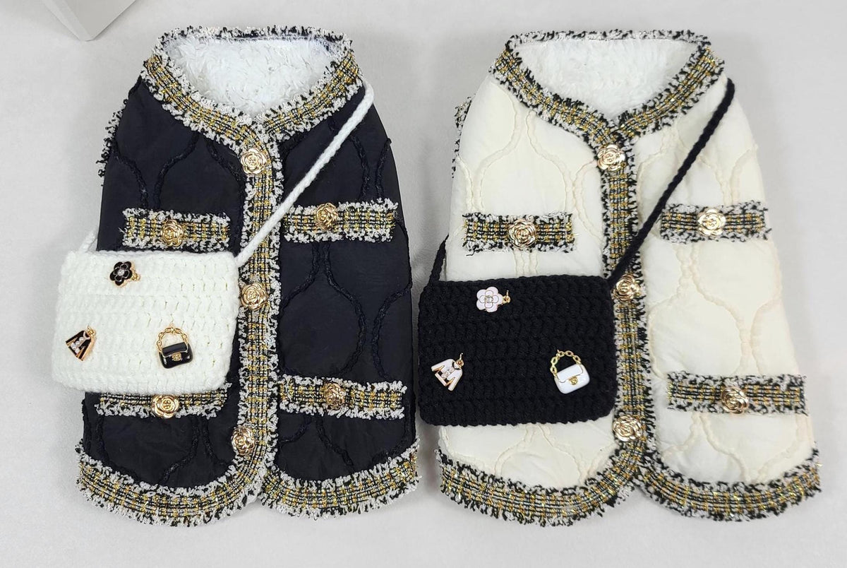 NKpup tweed quilted dog vests in black and white with matching small crossbody bags.