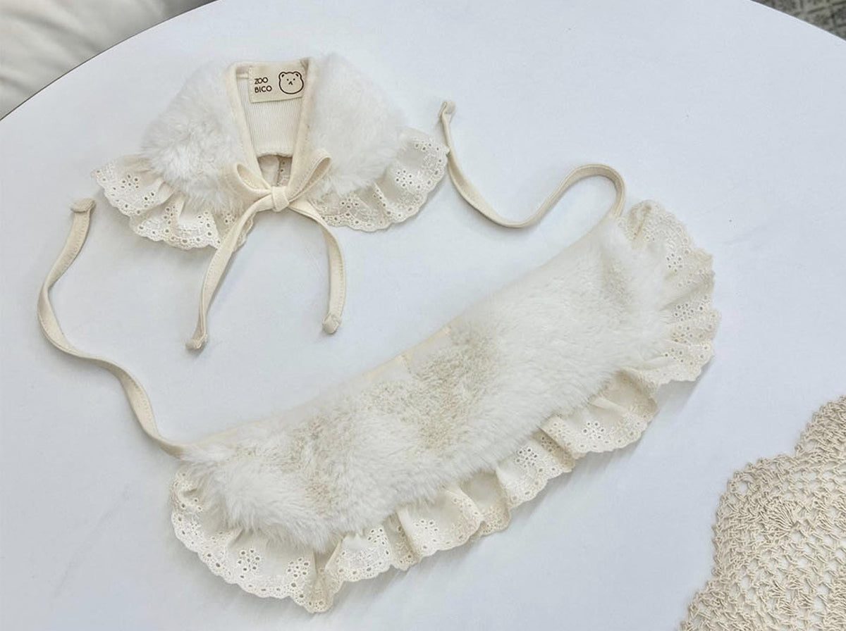 NKpup Mink Fleece Lace Dog Bib and Cape in cream white with ruffled lace edges.