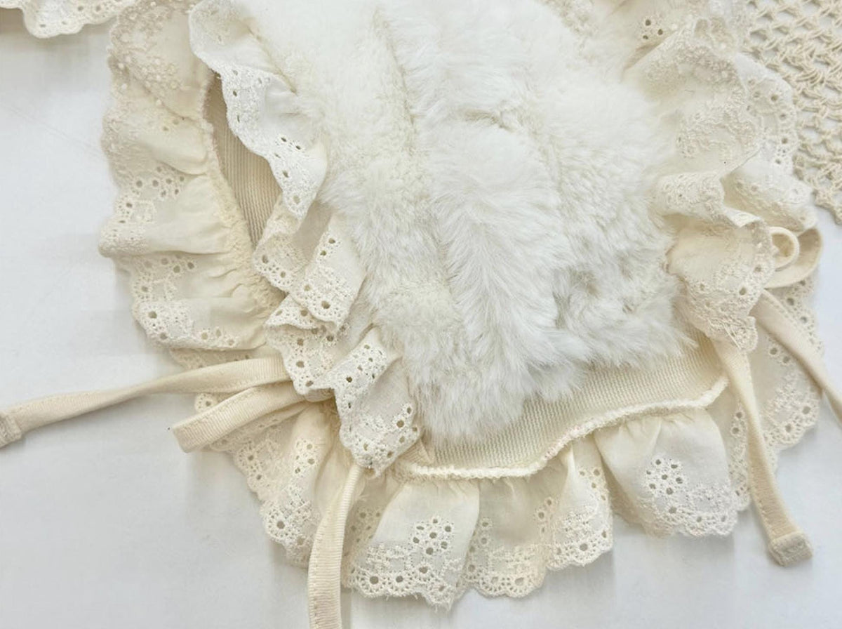 NKpup white mink fleece dog bib and cape with delicate lace ruffles