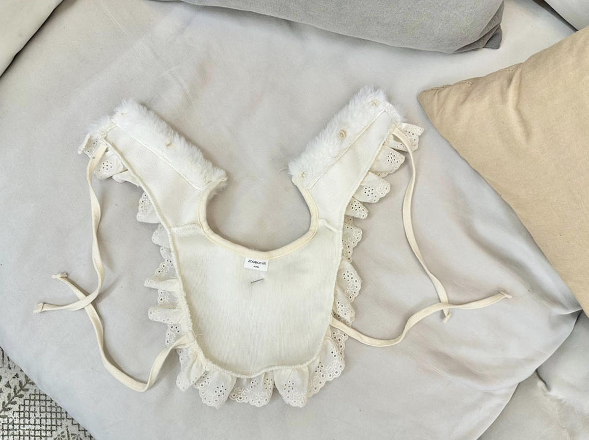 White mink fleece lace dog bib and cape with scalloped edges and tie straps