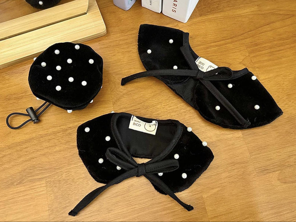 NKpup black velour pearl beret and matching cape for pets