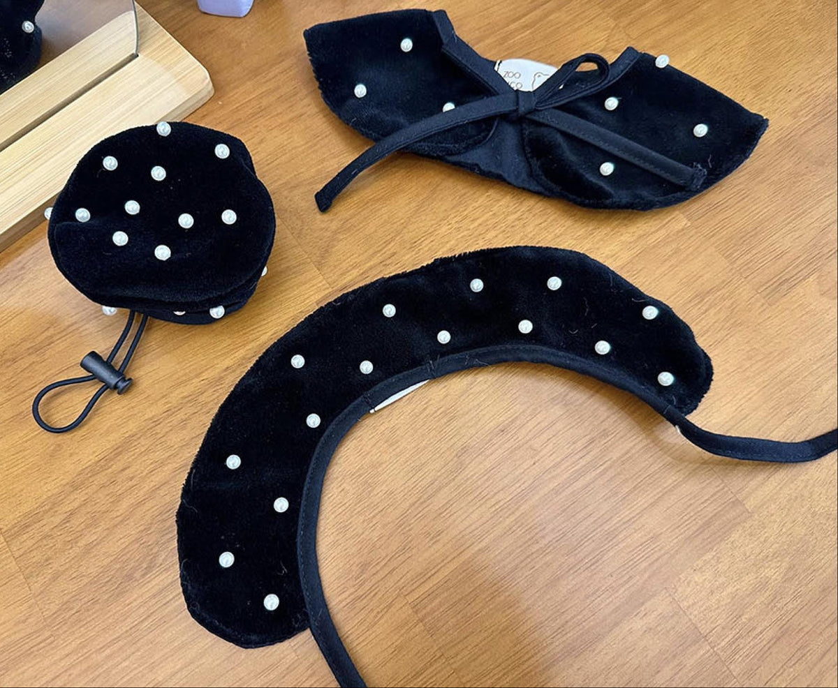 NKpup black velour pearl beret and cape set for pets