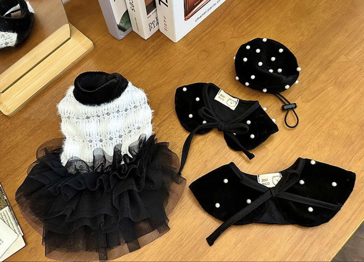 NKpup black velour pearl beret and cape set with a white knit and black tulle dog dress