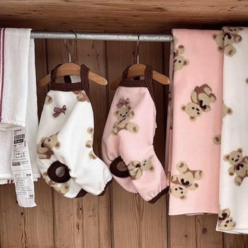 NKpup Teddy Fluffy Dog Overalls in white and pink with cute teddy bear patterns.