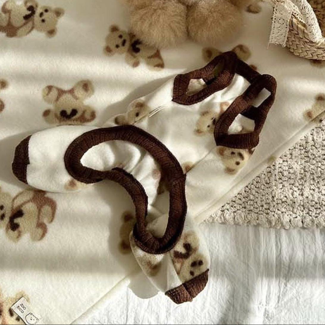 NKpup Teddy Fluffy Dog Overall in white with brown teddy bear pattern and brown trim.