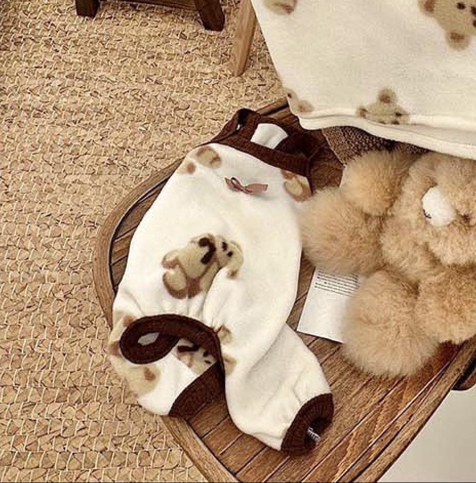 NKpup Teddy Fluffy Dog Overall in white with brown teddy bear patterns and brown trim