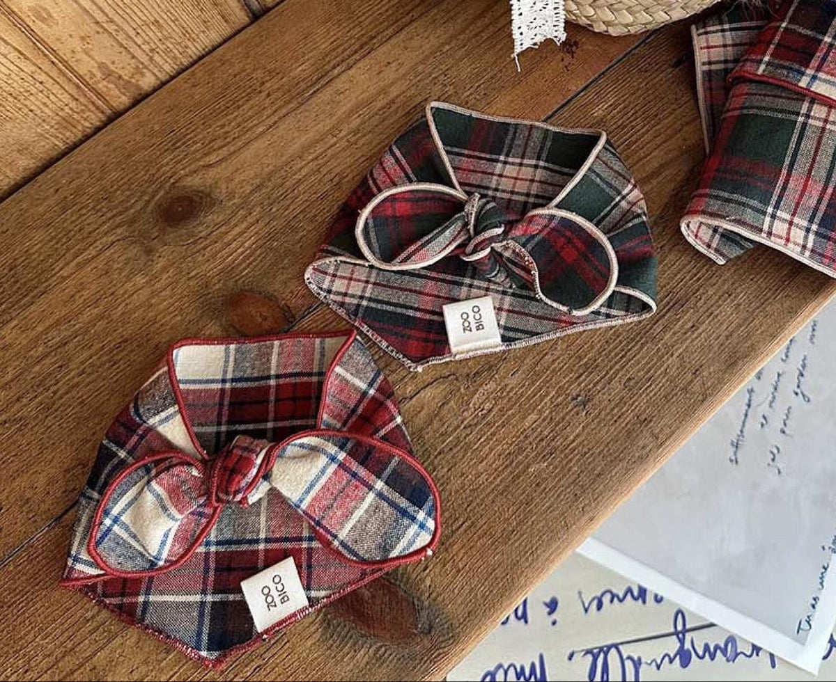 NKpup cozy plaid scarves for pets in red, green, and blue tones with bow details
