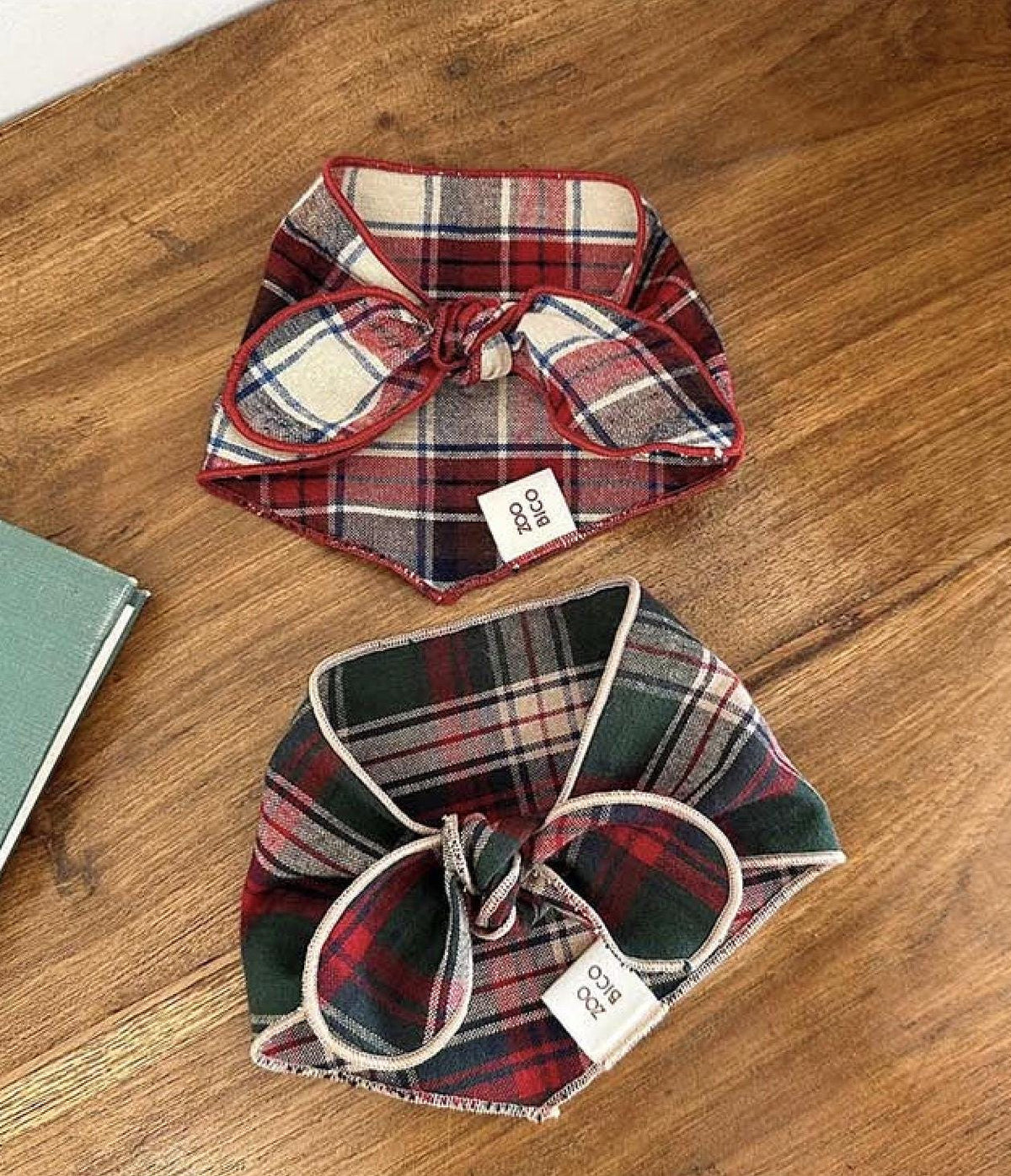 NKpup Cozy Plaid Scarves in red and green checkered patterns with bow ties