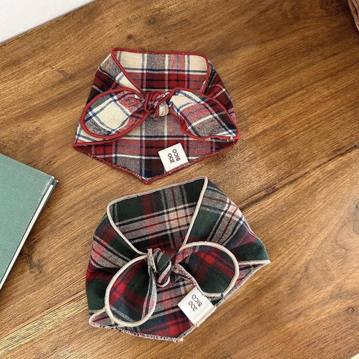 NKpup Cozy Plaid Scarves in red and green checkered patterns with bow ties
