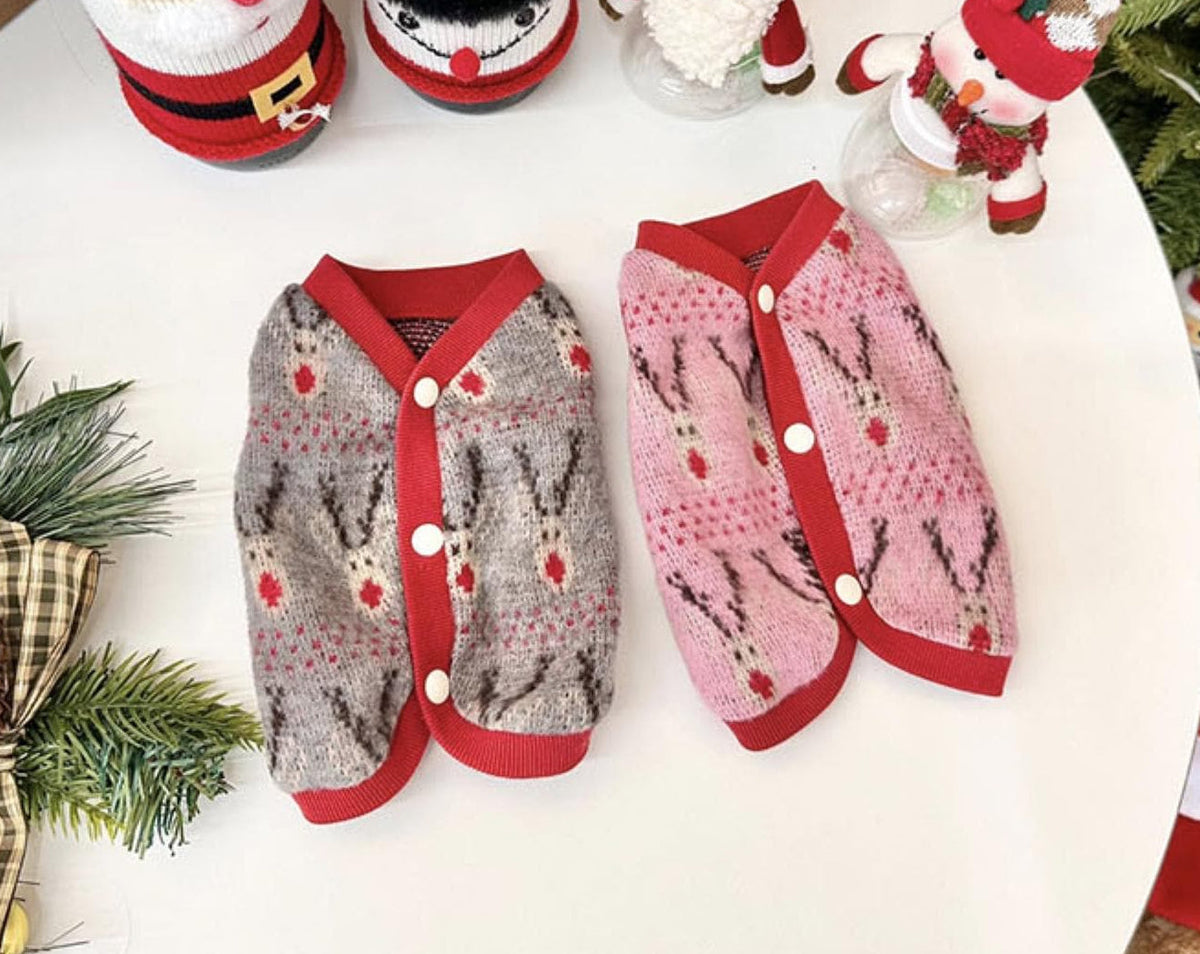 NKpup Christmas reindeer knit dog vests in grey and pink patterns