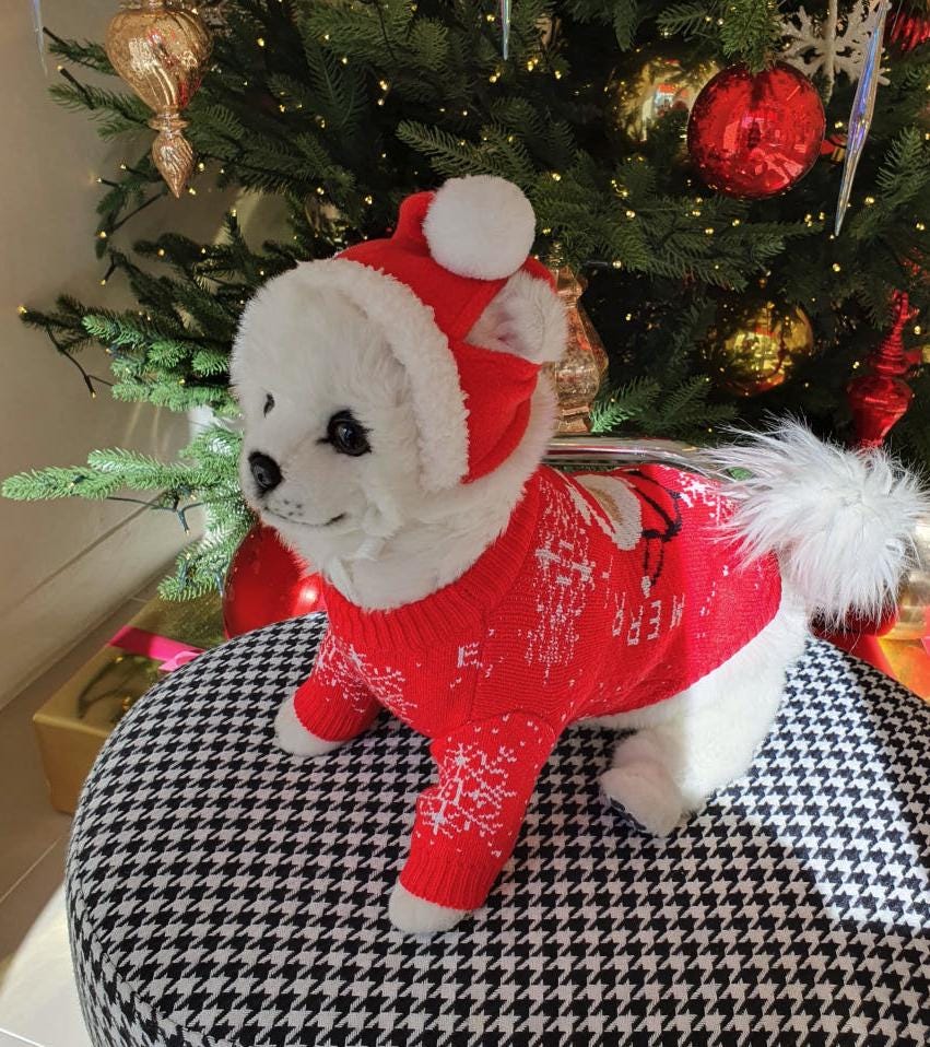 Santa knit dog sweater and matching red hat with white snowflake patterns