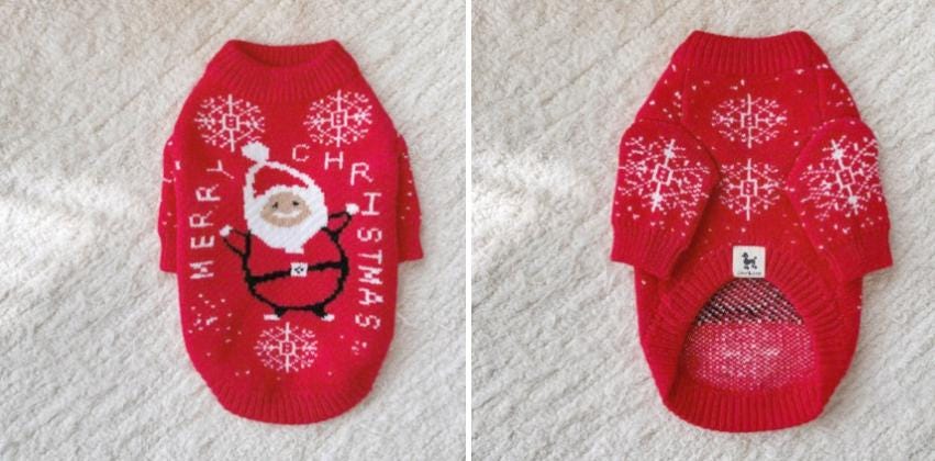 Red Santa Knit Dog Sweater with Merry Christmas pattern and snowflake designs
