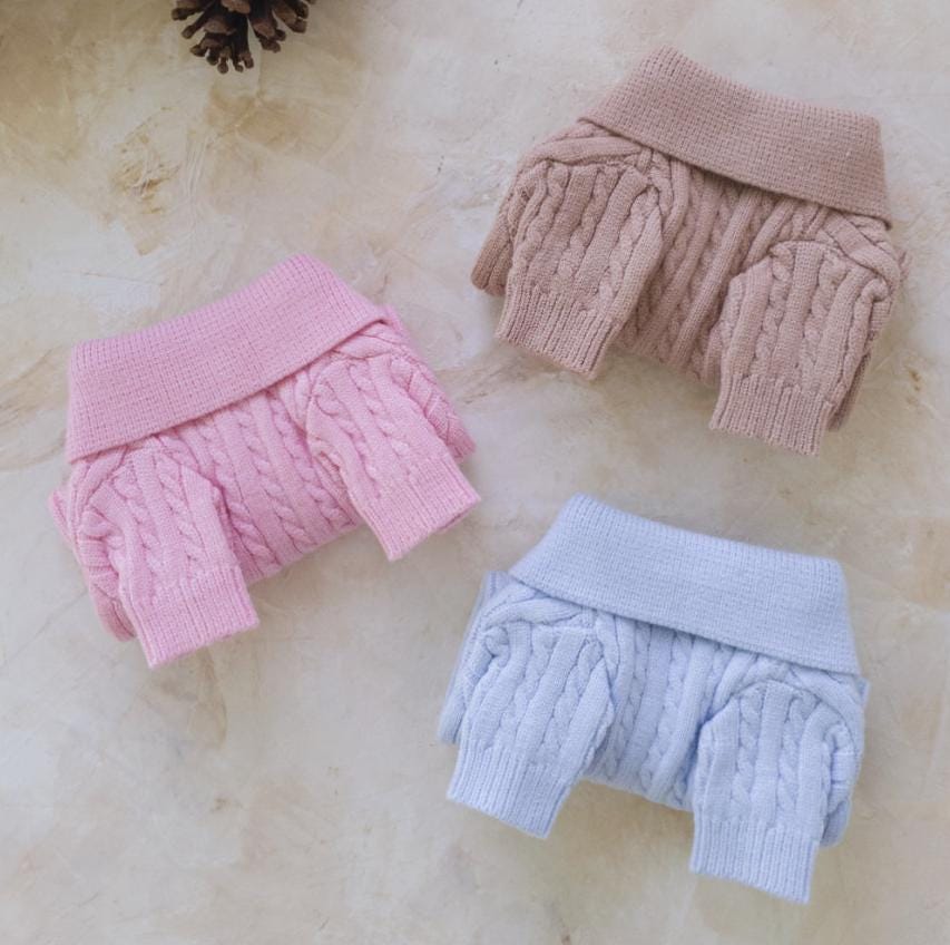 NKpup cable polo knit dog sweaters in pink, beige, and light blue