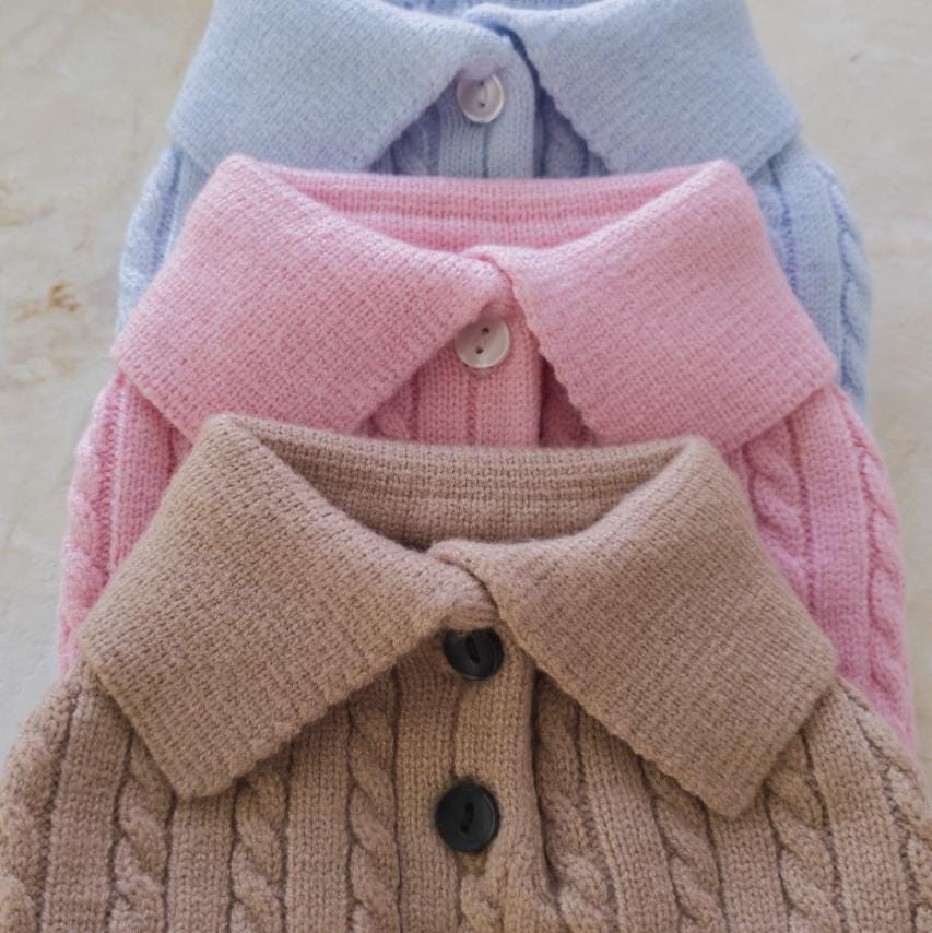NKpup cable polo knit dog sweaters in blue, pink, and brown