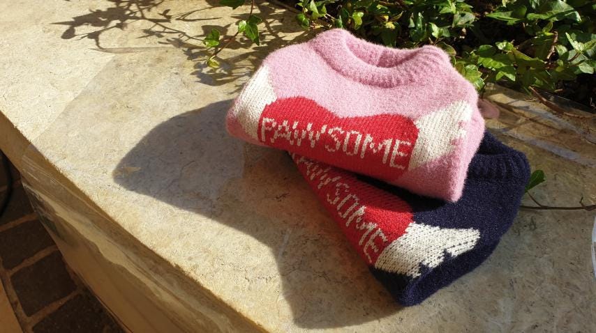 NKpup Pawsome Heart Knit Dog Vest in pink and navy blue with red heart pattern