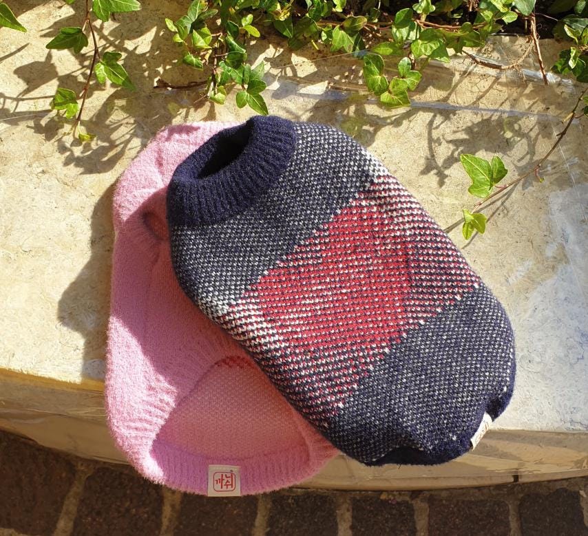 NKpup Pawsome Heart Knit Dog Vest in navy blue and pink with a heart pattern.