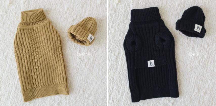 NKpup ribbed turtleneck knit dog vest in beige and black colors.
