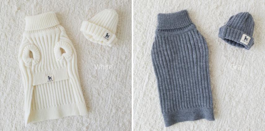 NKpup ribbed turtleneck knit dog vest and matching beanie set in white and gray.