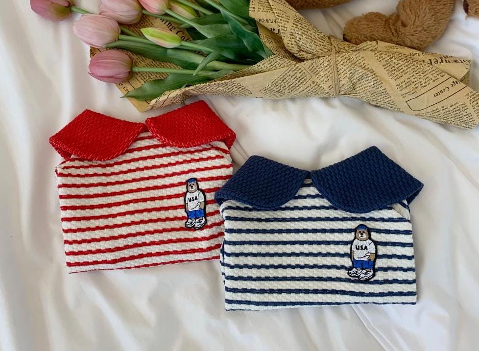 NKpup Collared Striped Tee dog shirts in red and navy blue with character patches