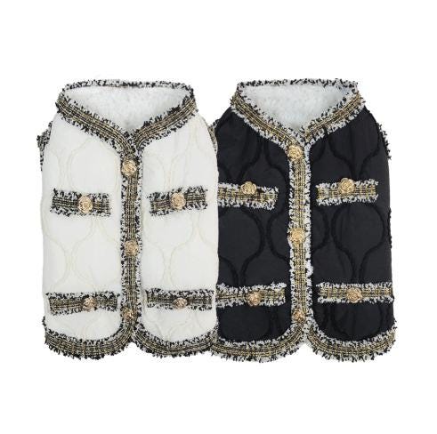 NKpup Tweed Quilted Dog Vest in white and black with gold button accents