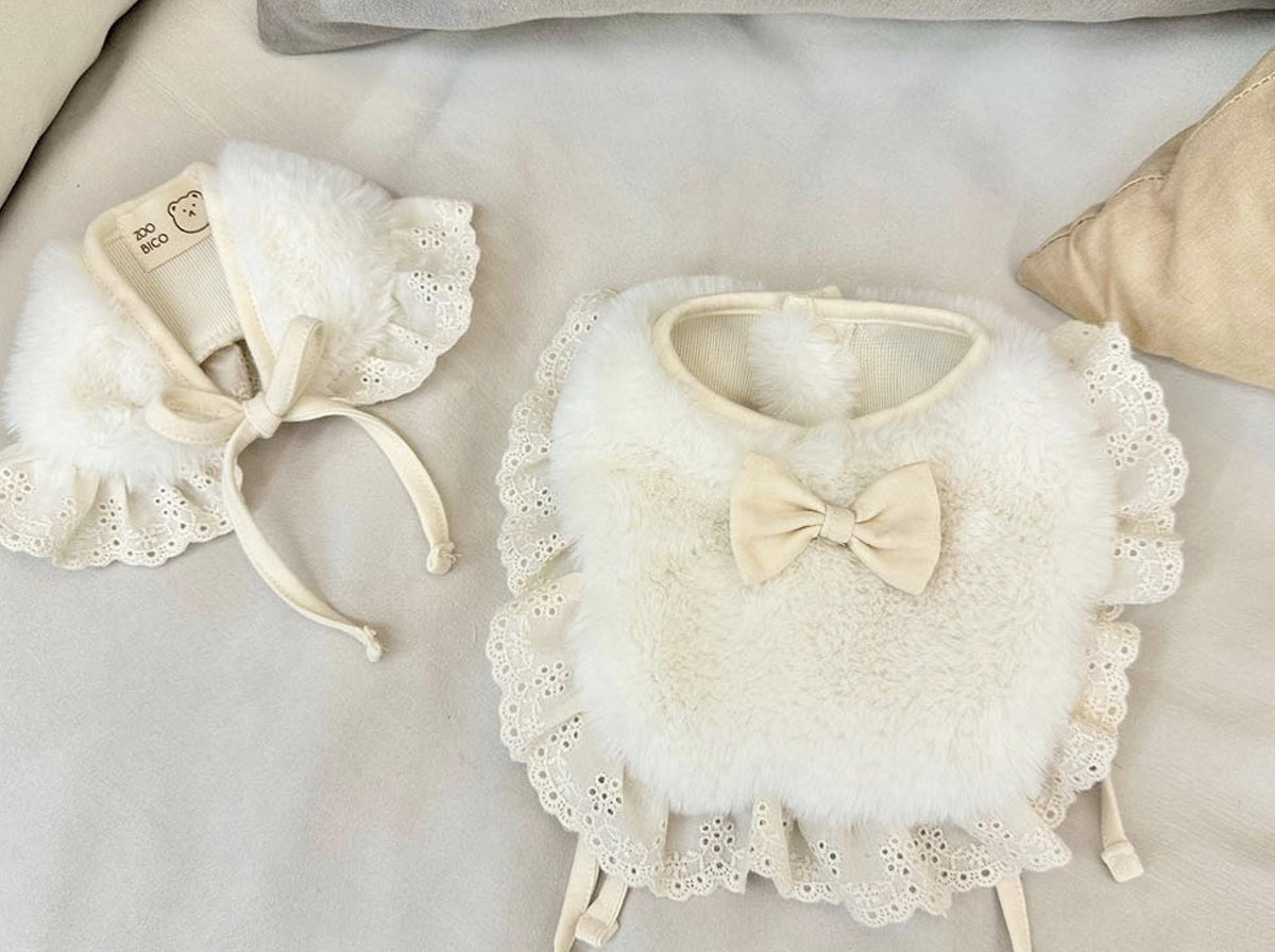 White mink fleece lace dog bib and cape set with a bow detail