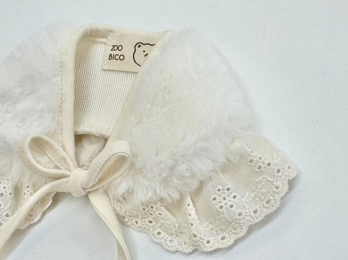 White mink fleece lace dog bib and cape with bow tie detail