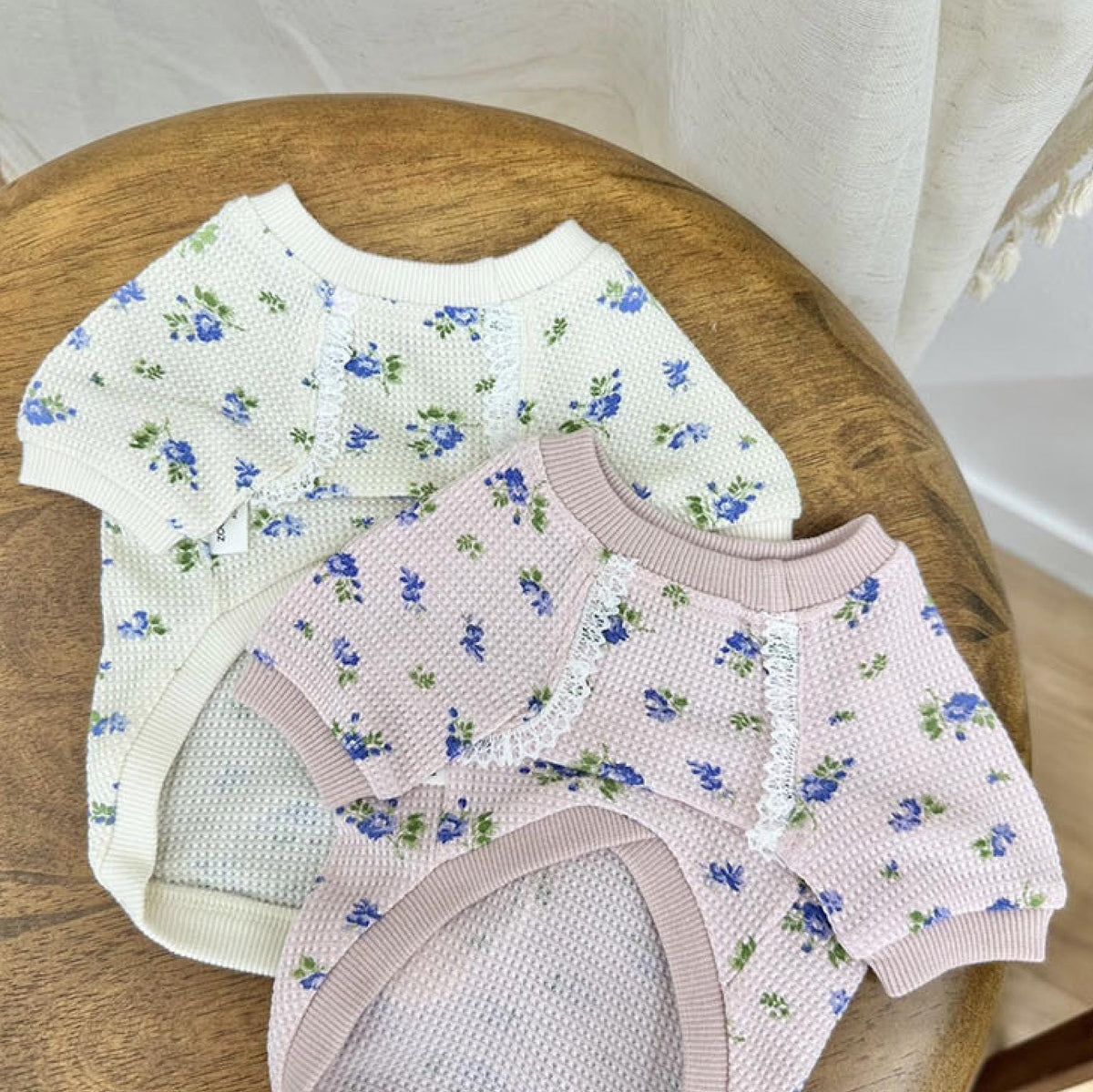 NKpup Waffle Floral Dog Shirts in white and pink with lace trim details