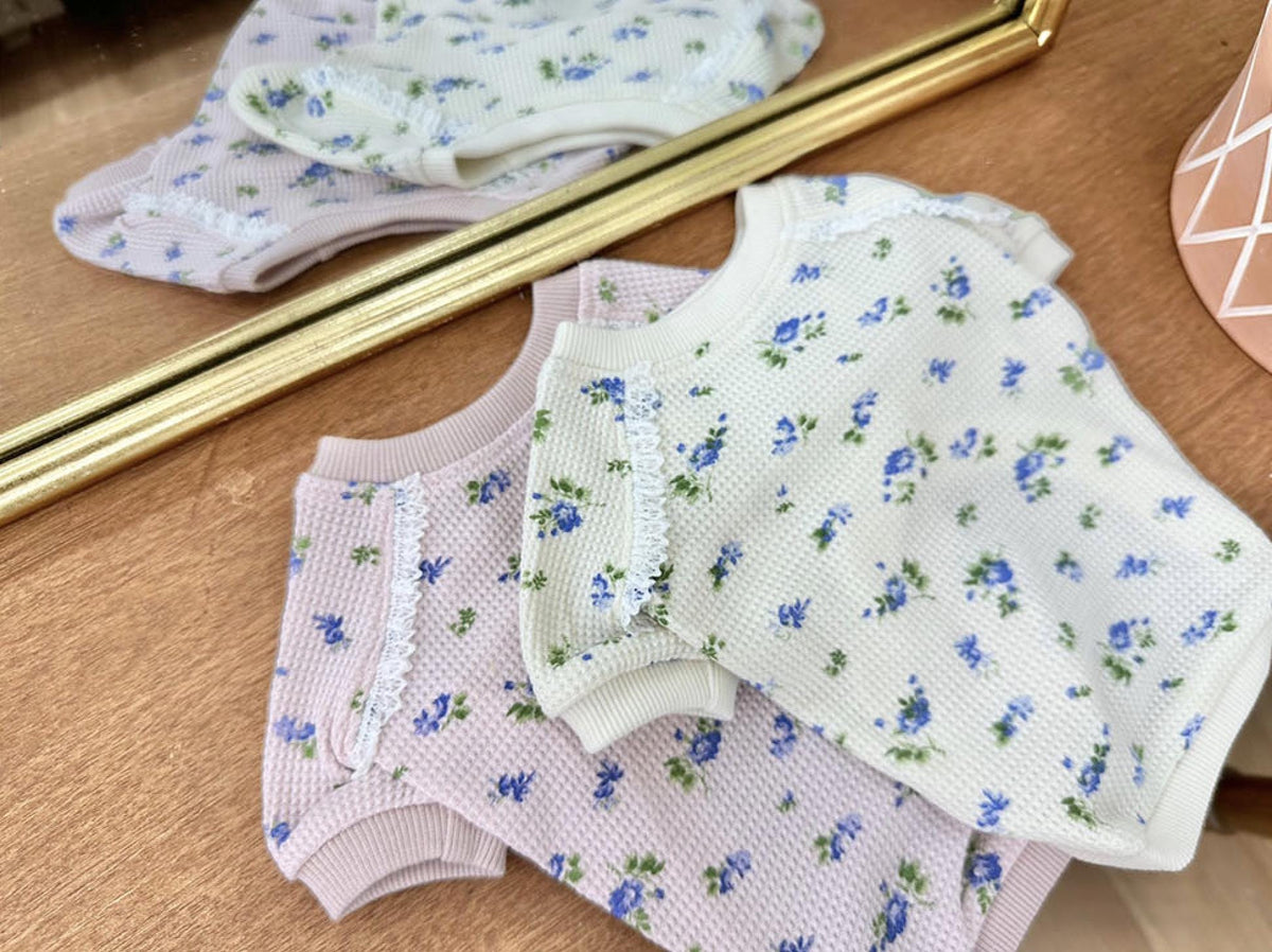 Waffle floral dog shirt in white and light lavender with lace trim details.