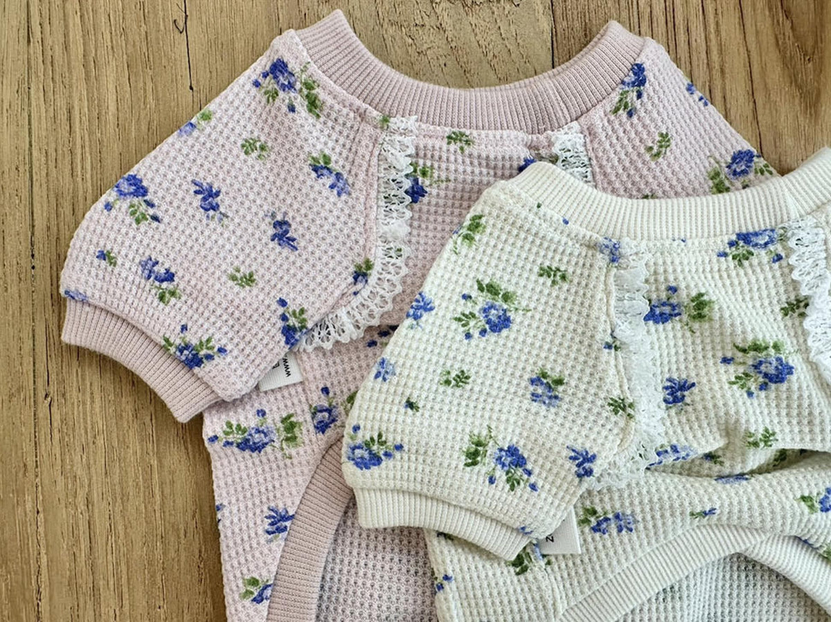 NKpup Waffle Floral Dog Shirts in light pink and cream with delicate lace trim.