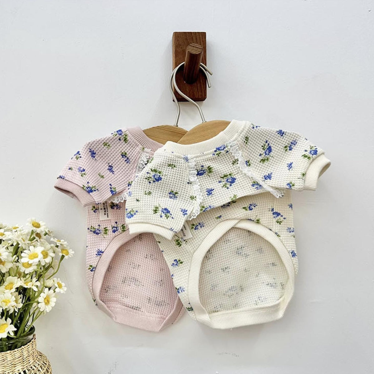 NKpup Waffle Floral Dog Shirt in pink and white with blue flower patterns