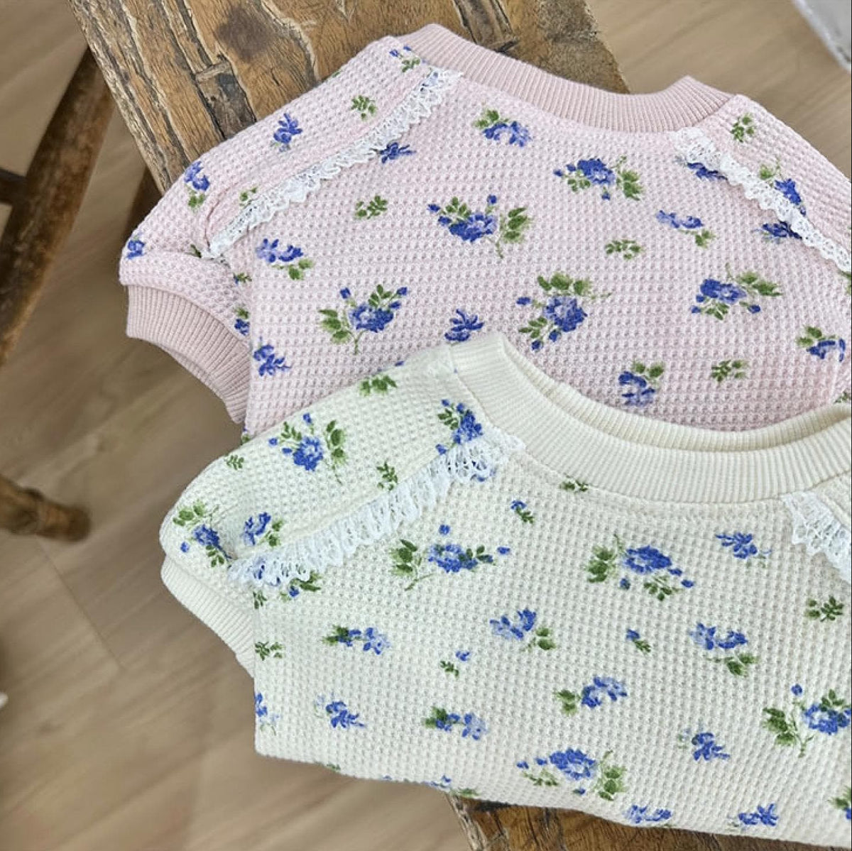 NKpup Waffle Floral Dog Shirts in pink and white with lace trim details