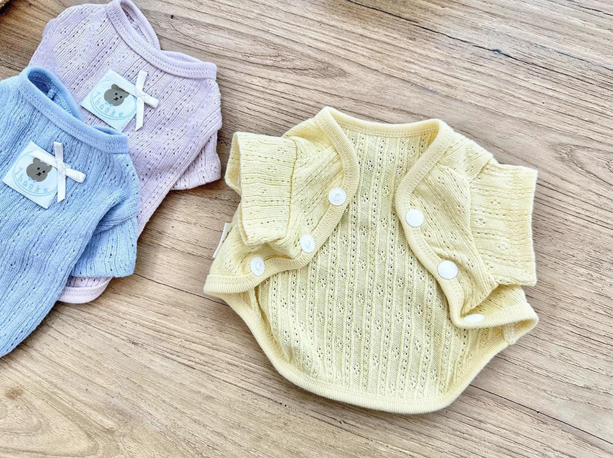 Vicky Eyelet Dog Cardigan in yellow, light blue, and lavender knit pet sweaters