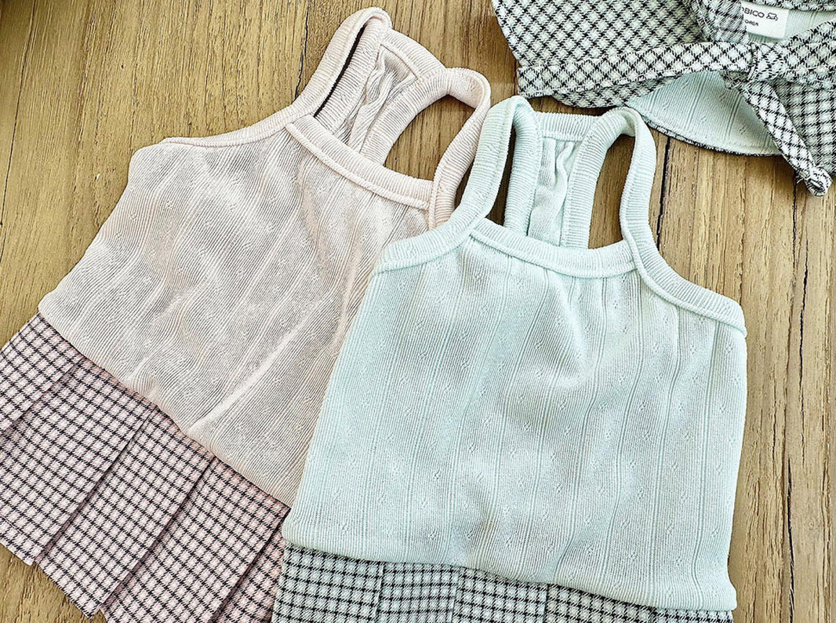 NKpup gingham collar pleated dog dresses in light pink and mint green.