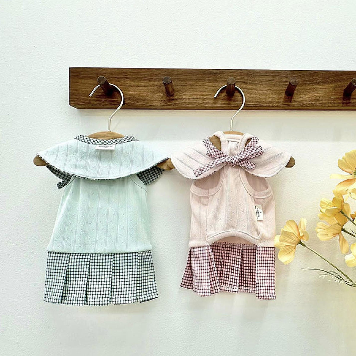 NKpup gingham collar pleated dog dresses in mint green and soft pink.
