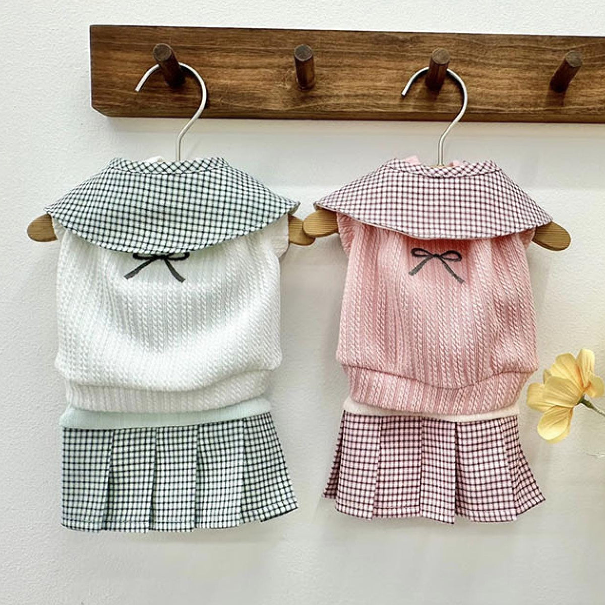 NKpup Eyelet Crop Top pet clothing set in white and pink gingham patterns.