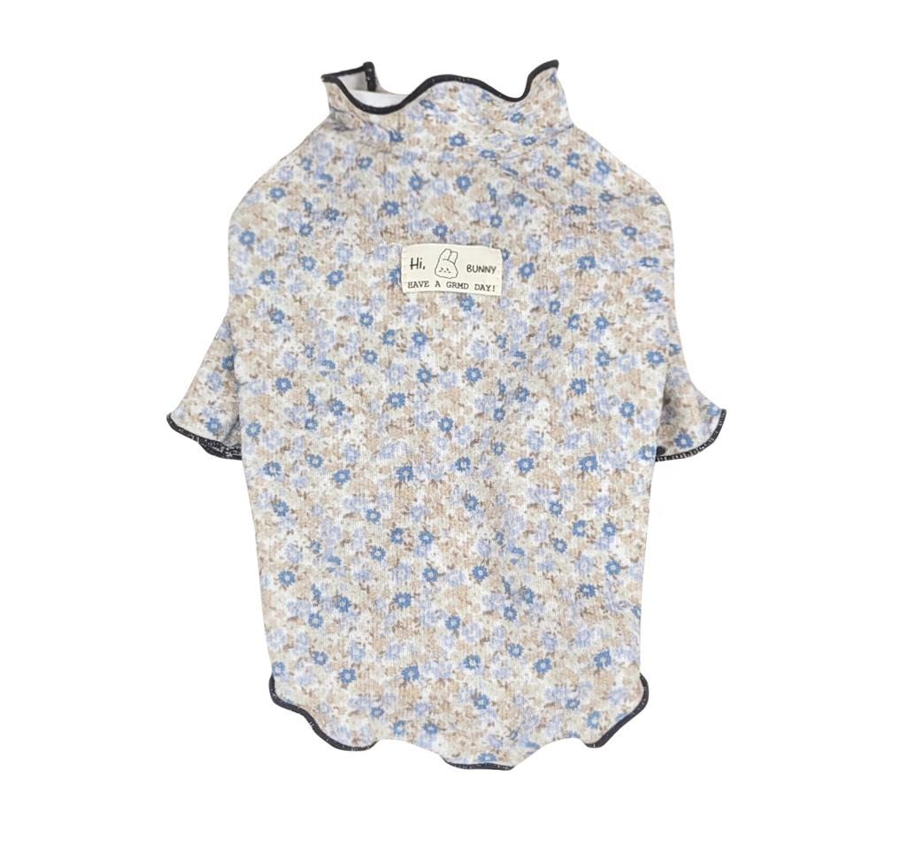Blossom Ruffle Dog Shirt with blue and beige floral pattern and ruffled collar