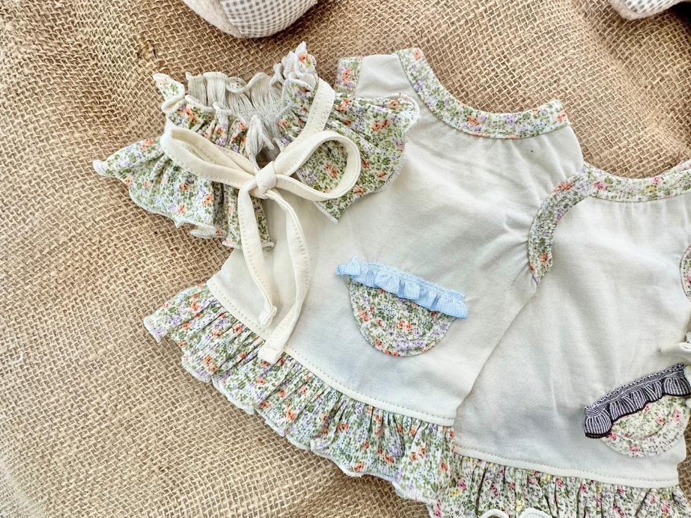 NKpup floral ruffle dog dress set in cream with light blue accents