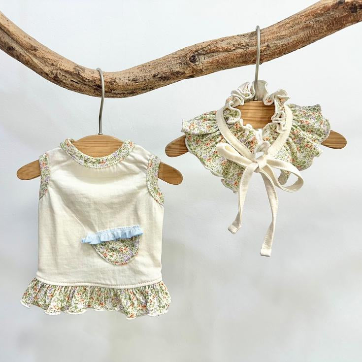 NKpup floral ruffle dog dress set with matching ruffled collar accessory in cream and floral print