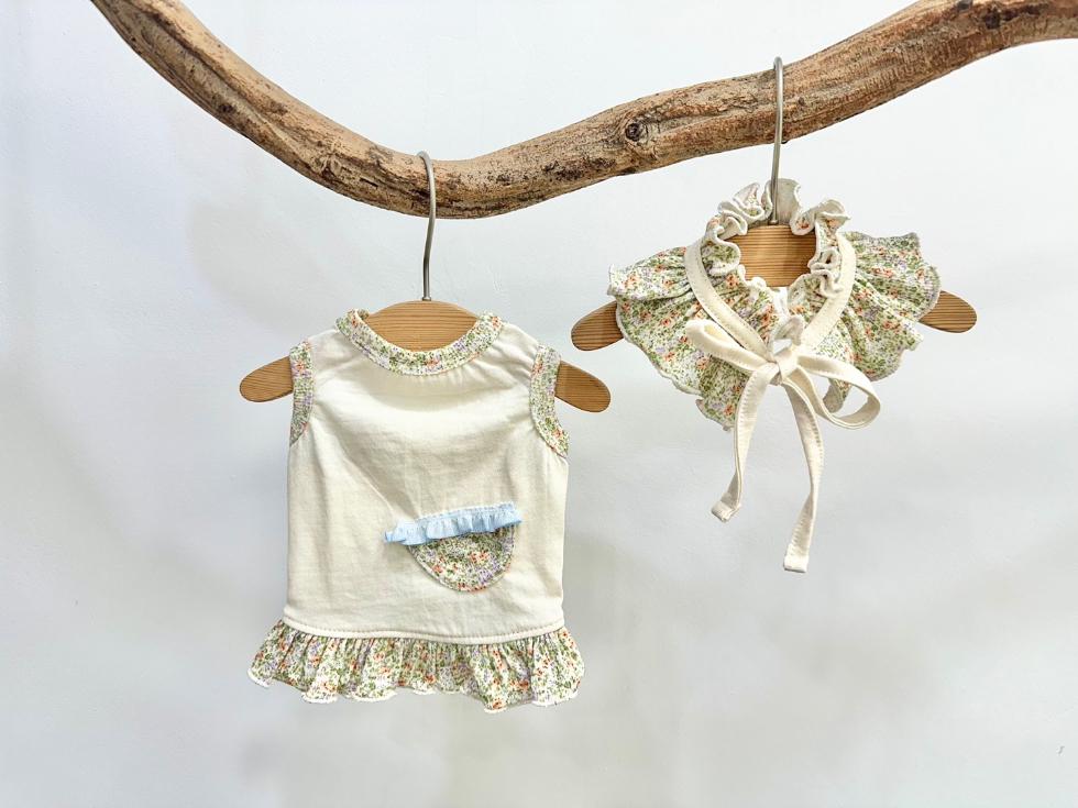 NKpup floral ruffle dog dress set with matching ruffled collar accessory in cream and floral print