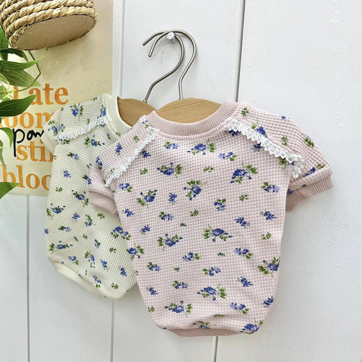 Waffle floral dog shirts in pink and cream with white lace trim details.