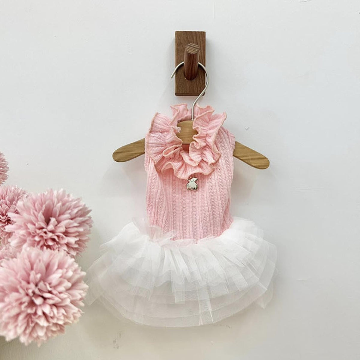 NKpup pink ruffle tulle dog dress with white tutu skirt