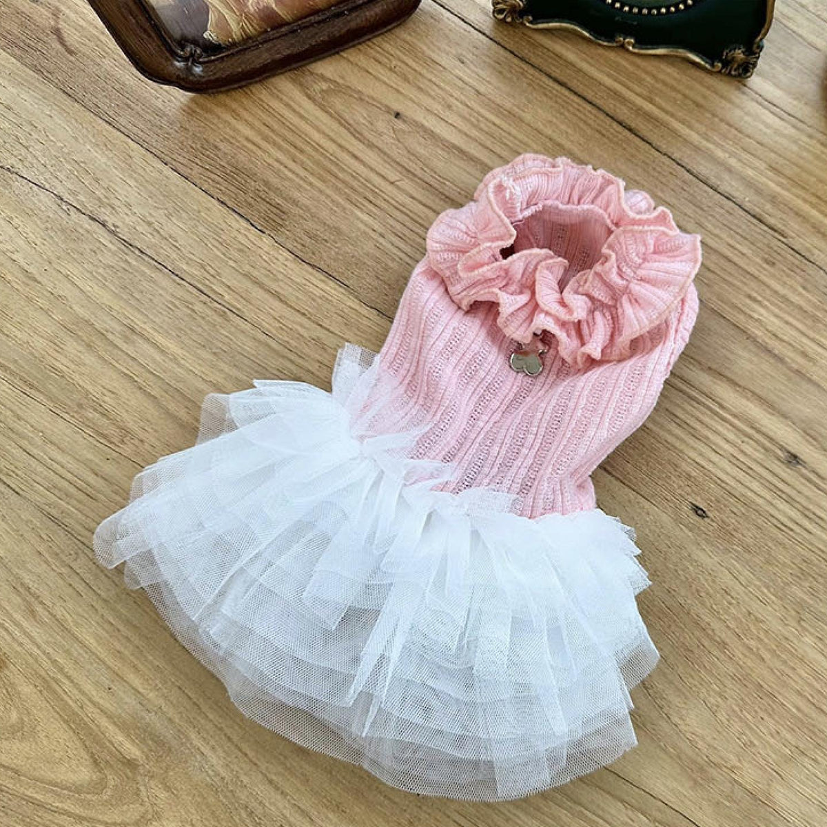 NKpup pink ruffle tulle dog dress with a layered white tutu skirt