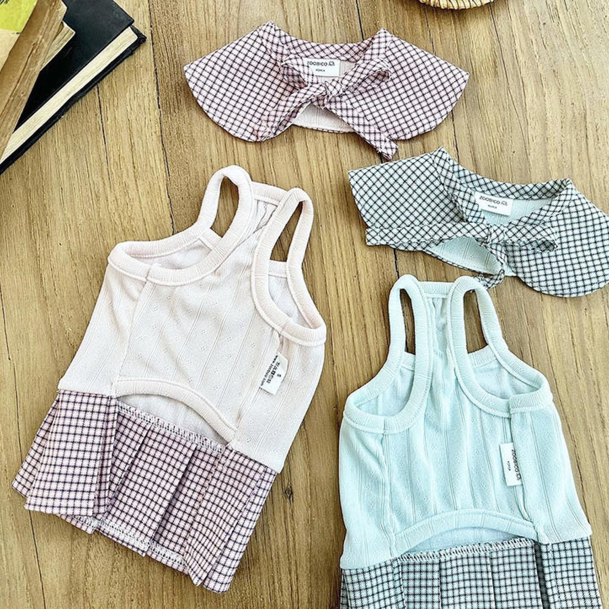 Set of NKpup gingham collar pleated dresses for pets in pink and light blue.