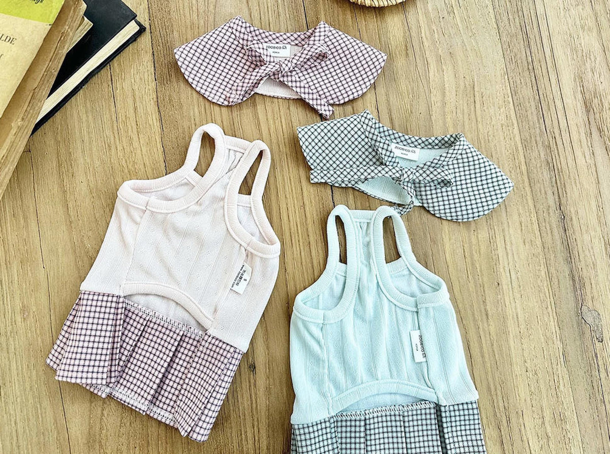Set of NKpup gingham collar pleated dresses for pets in pink and light blue.